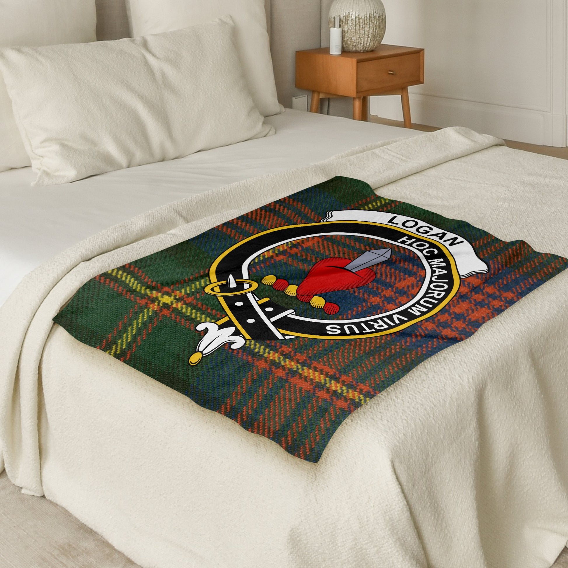 Logan Clan Logo Green Tartan Scottish Clan Blanket - Living Stone Gifts