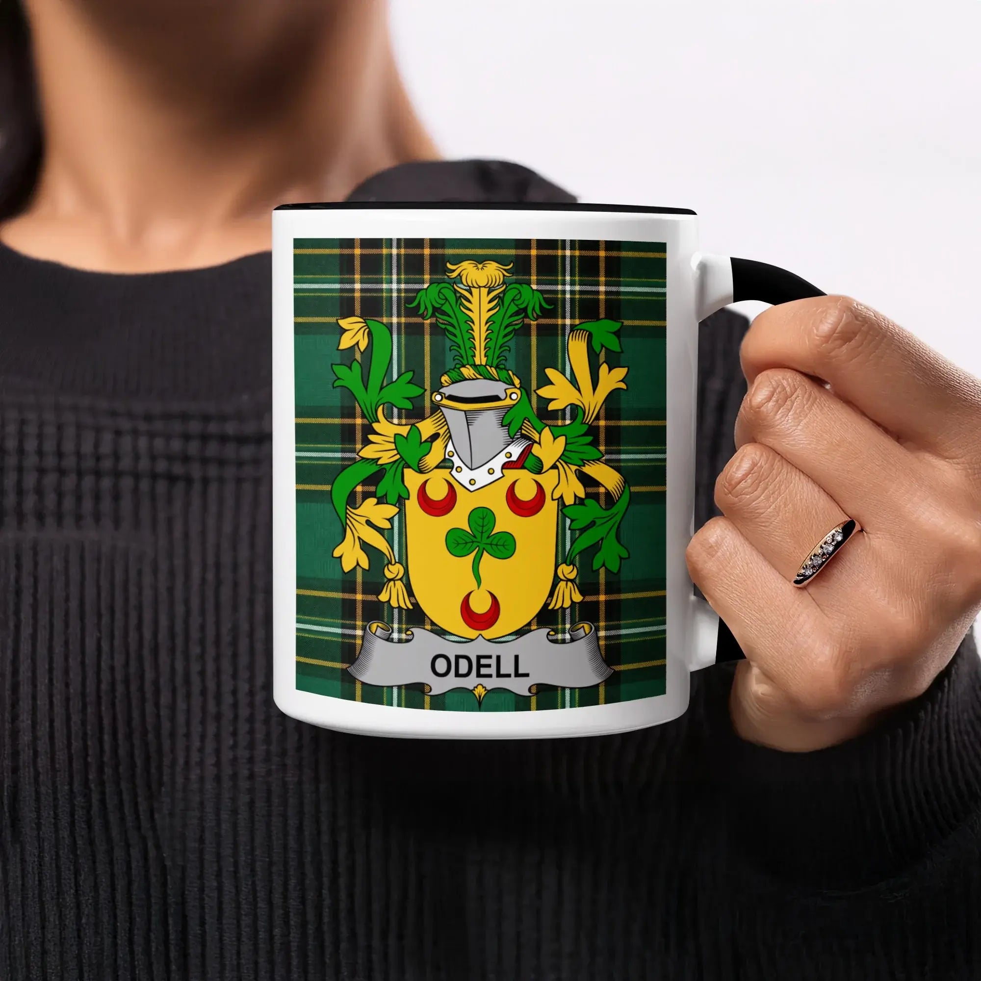 Odell Irish National Tartan accent mug with surname crest