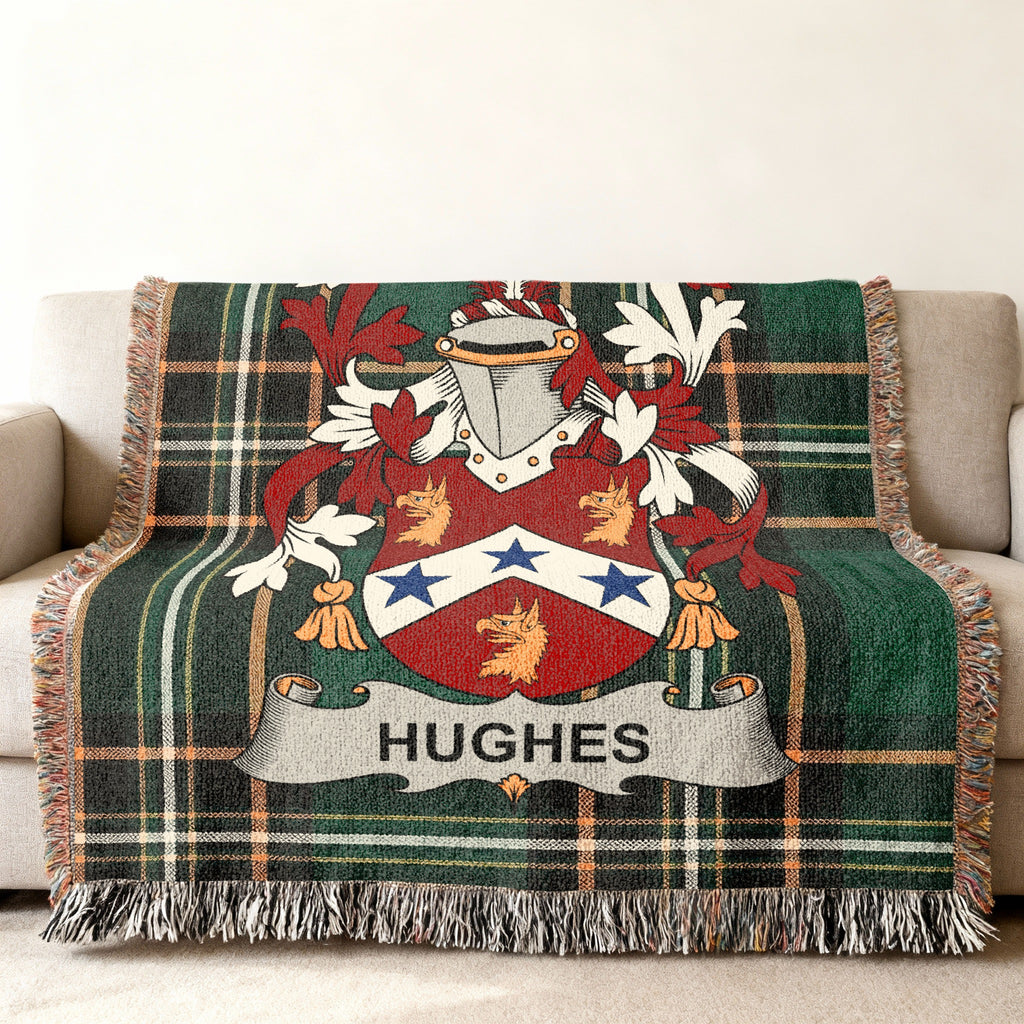 Hughes surname cotton woven throw with Irish tartan-style background