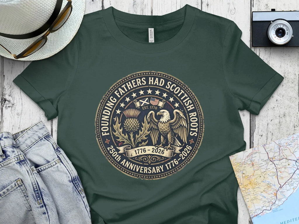 Circular design with eagle, thistle, and text about Scottish roots and 250th anniversary.