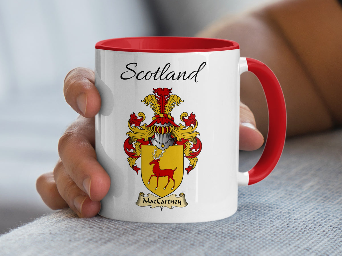 MacCartney Scotland family shield accent mug with red handle and interior, shown in the 11 oz size