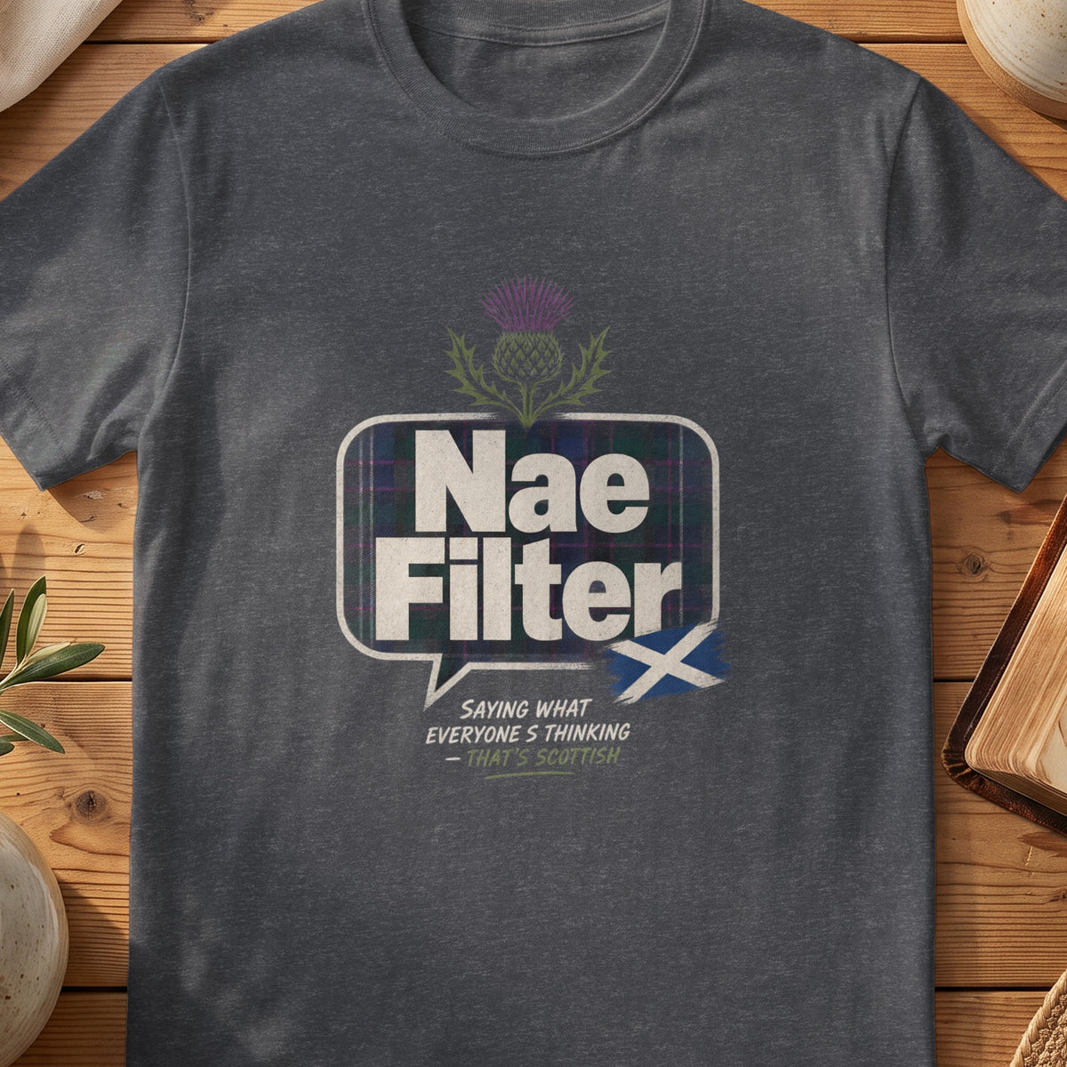 Dark grey Gildan 64000 unisex T-shirt flatlay with Nae Filter Scottish graphic design