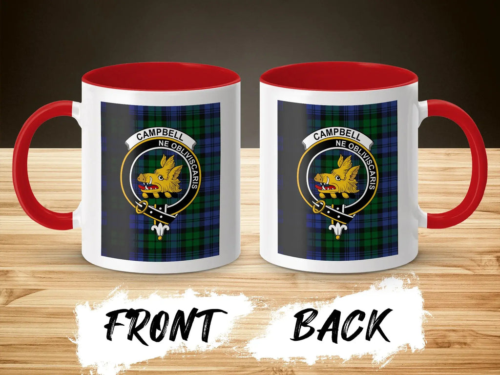 Campbell Ne Obliviscaris mug — 15oz accent mug with red handle and clan crest print