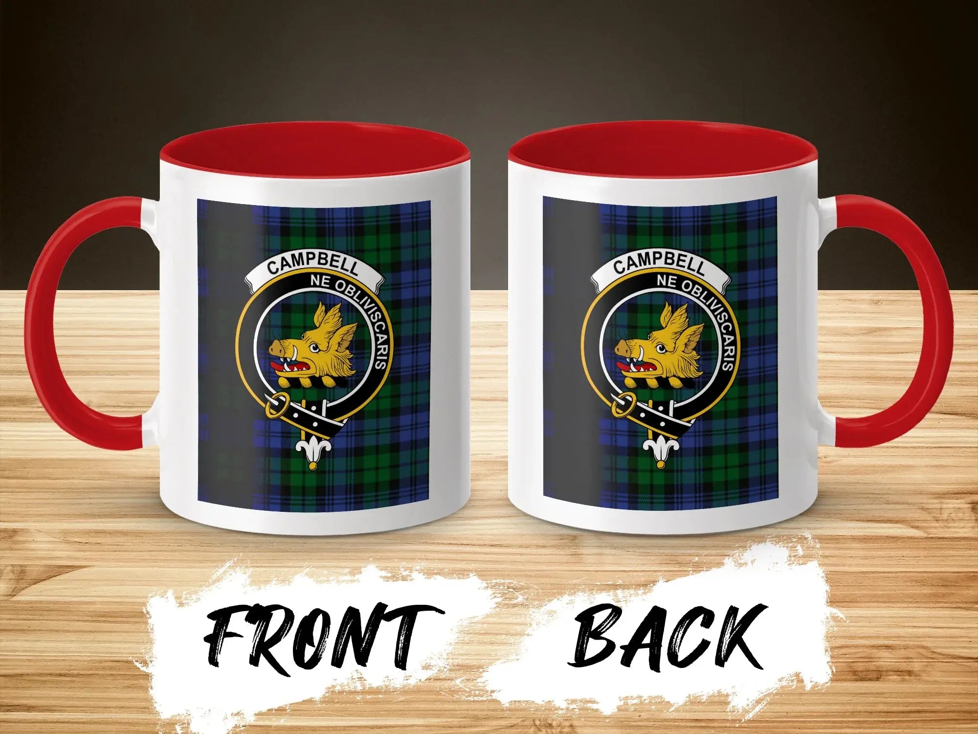 Campbell Ne Obliviscaris mug — 15oz accent mug with red handle and clan crest print