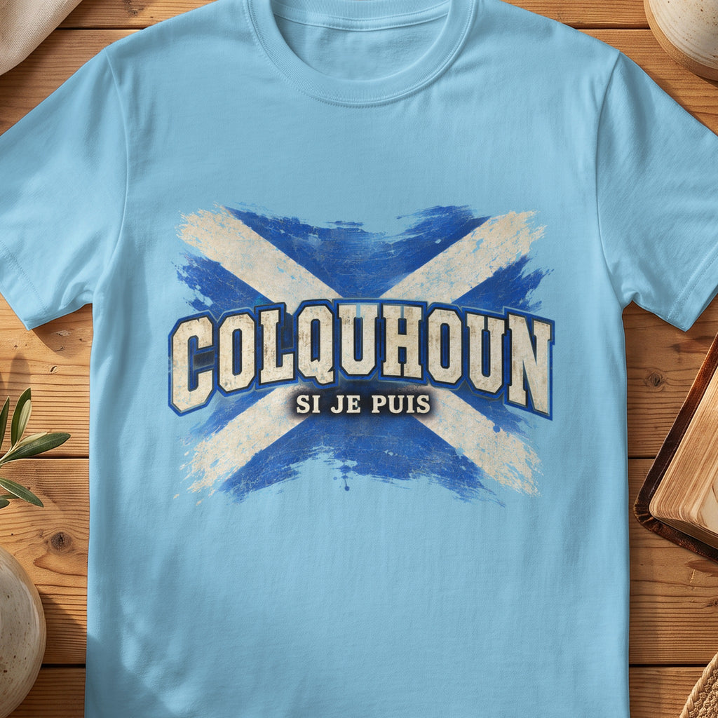 Colquhoun Scottish Saltire T-shirt in Sky, with distressed blue and cream flag and “Si Je Puis” lettering.