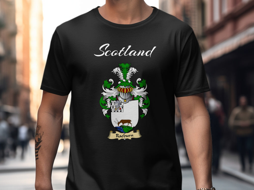 Raeburn Scottish family shield design on Black T-shirt