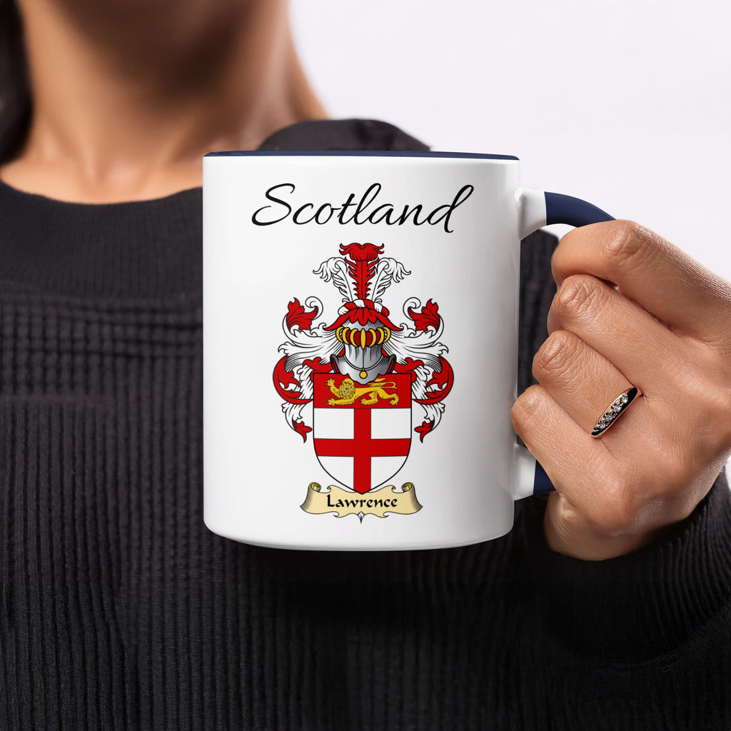 Lawrence 11 oz Scottish family crest ceramic mug showing a Scotland-topped heraldic emblem