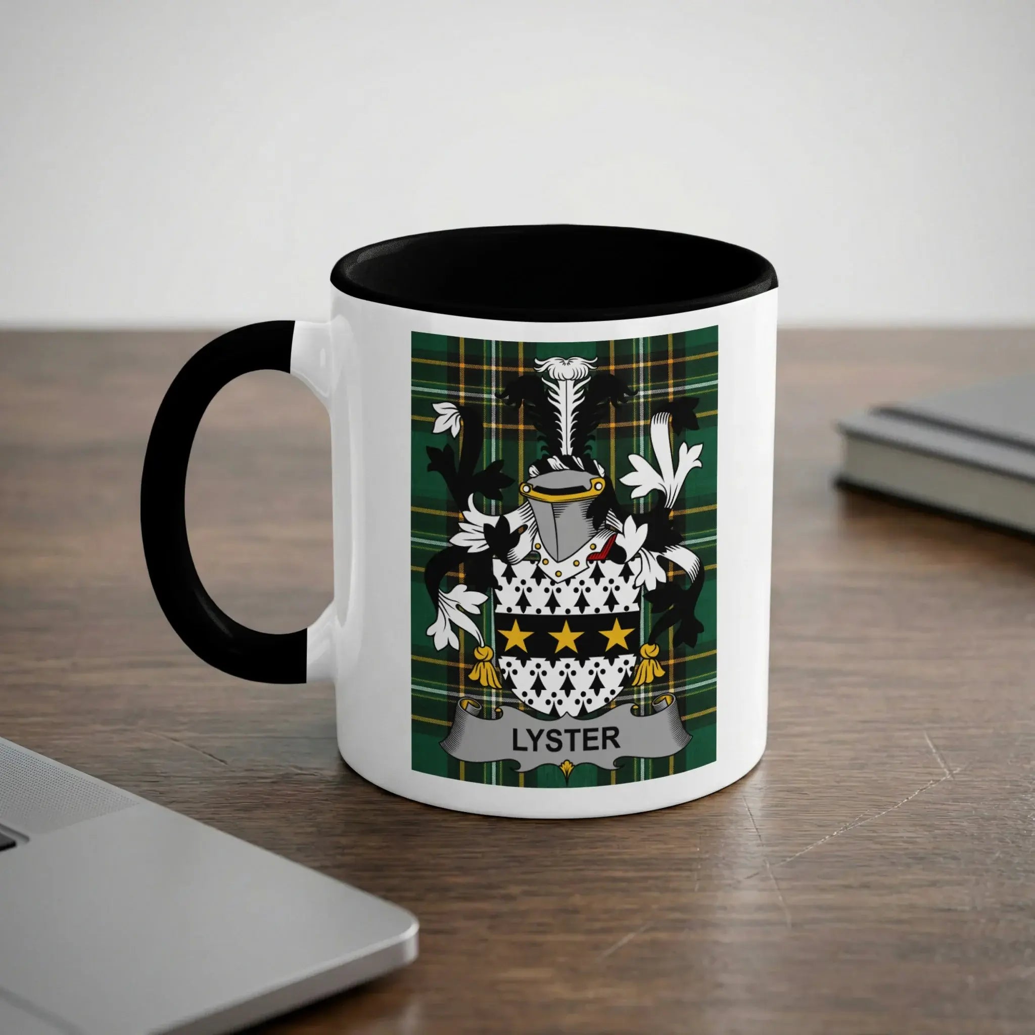 Lyster Irish heritage mug with black handle and family crest