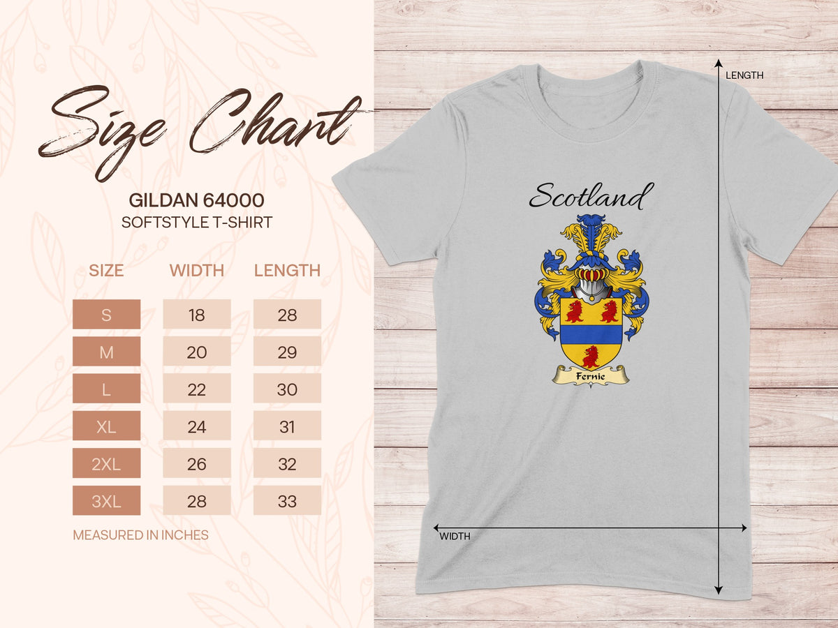 Gildan 64000 size chart for the Fernie unisex T-shirt, sizes S to 3XL