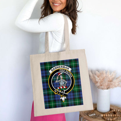 Bannerman Scottish Clan Crest on Tartan Background Tote Bag - Living Stone Gifts