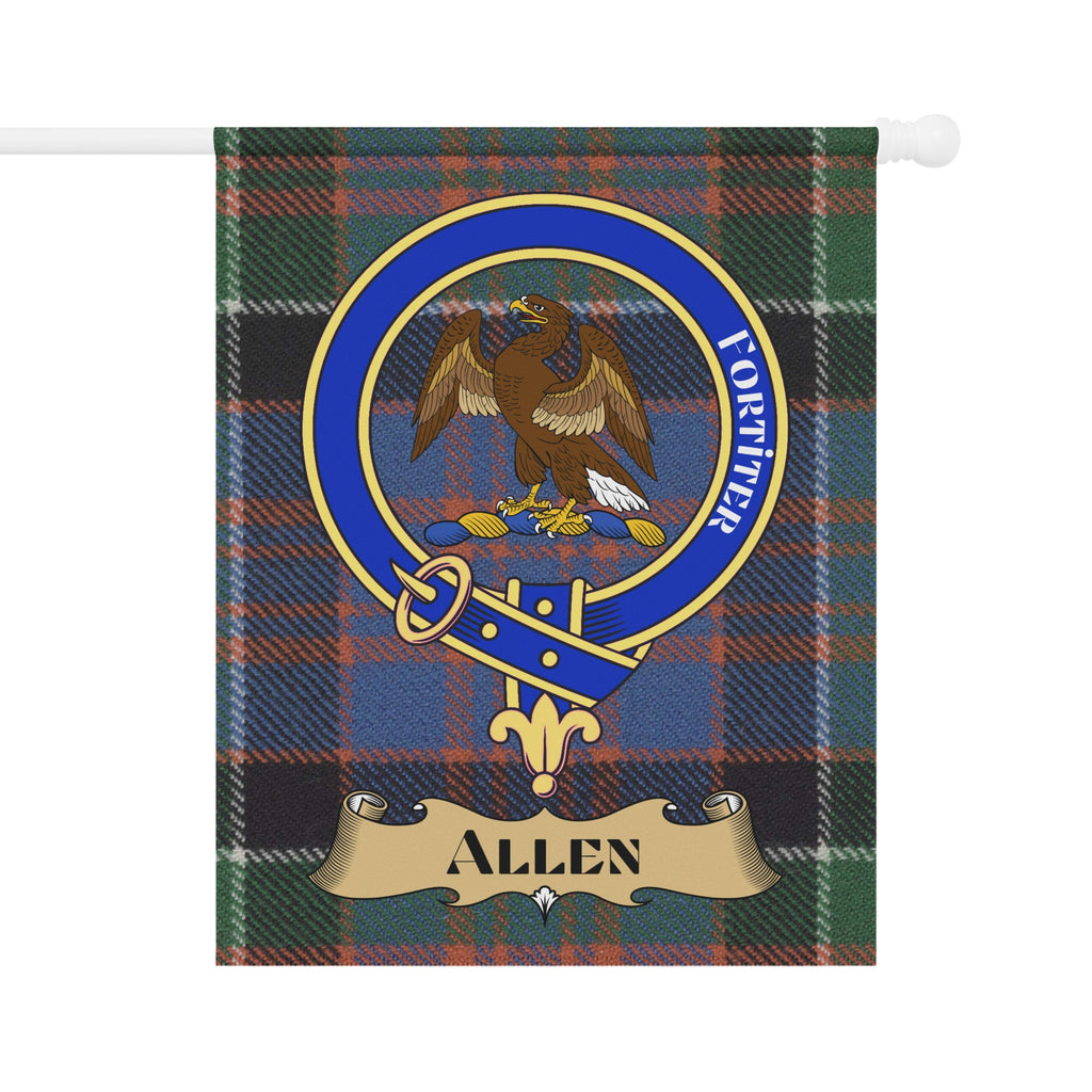 Allen tartan garden flag with crest and motto — full view