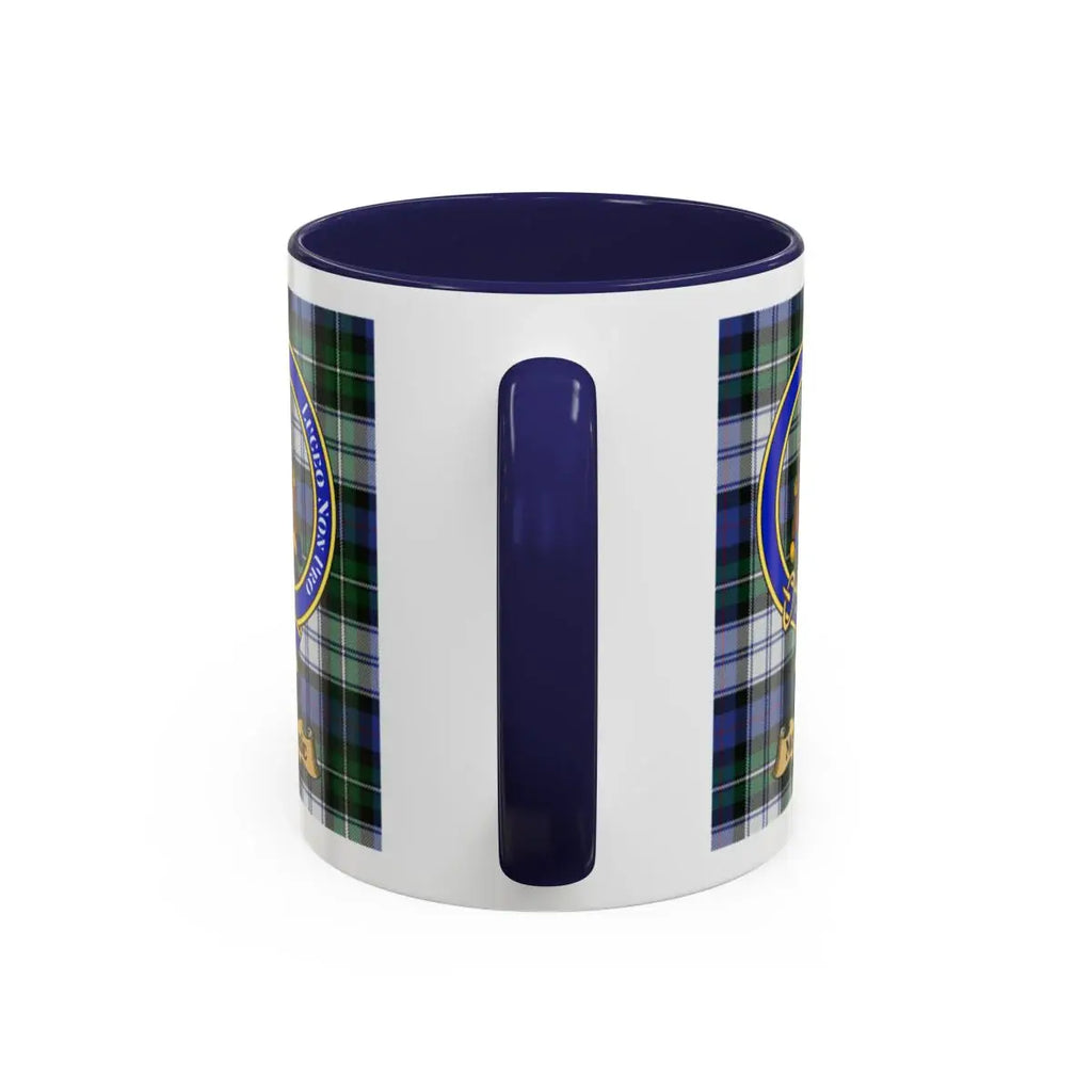 MacKenzie clan tartan plaid ceramic mug with clan emblem — navy and blue, 11oz