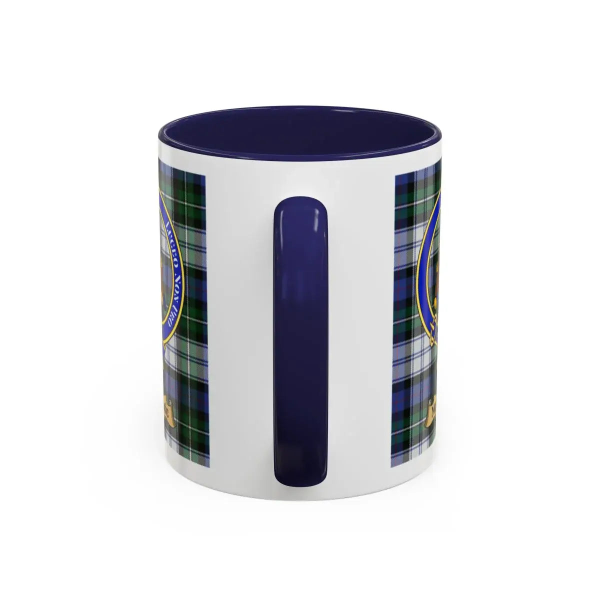 MacKenzie clan tartan plaid ceramic mug with clan emblem — navy and blue, 11oz