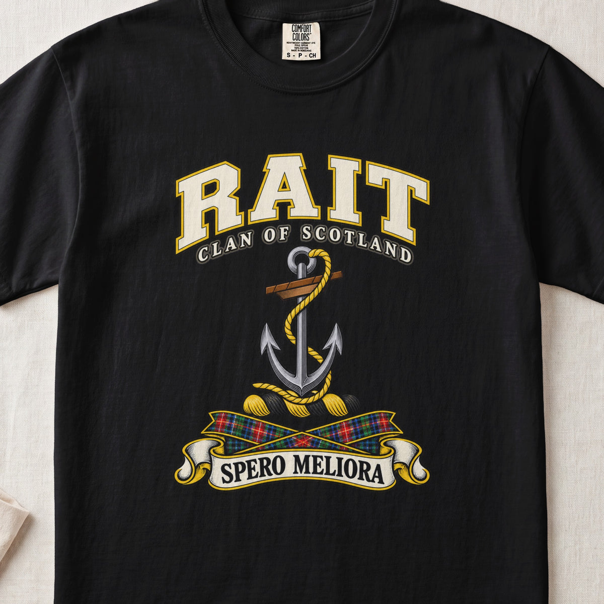 Rait Scottish clan T-shirt in Black, front view with an anchor with a coiled rope and motto banner.
