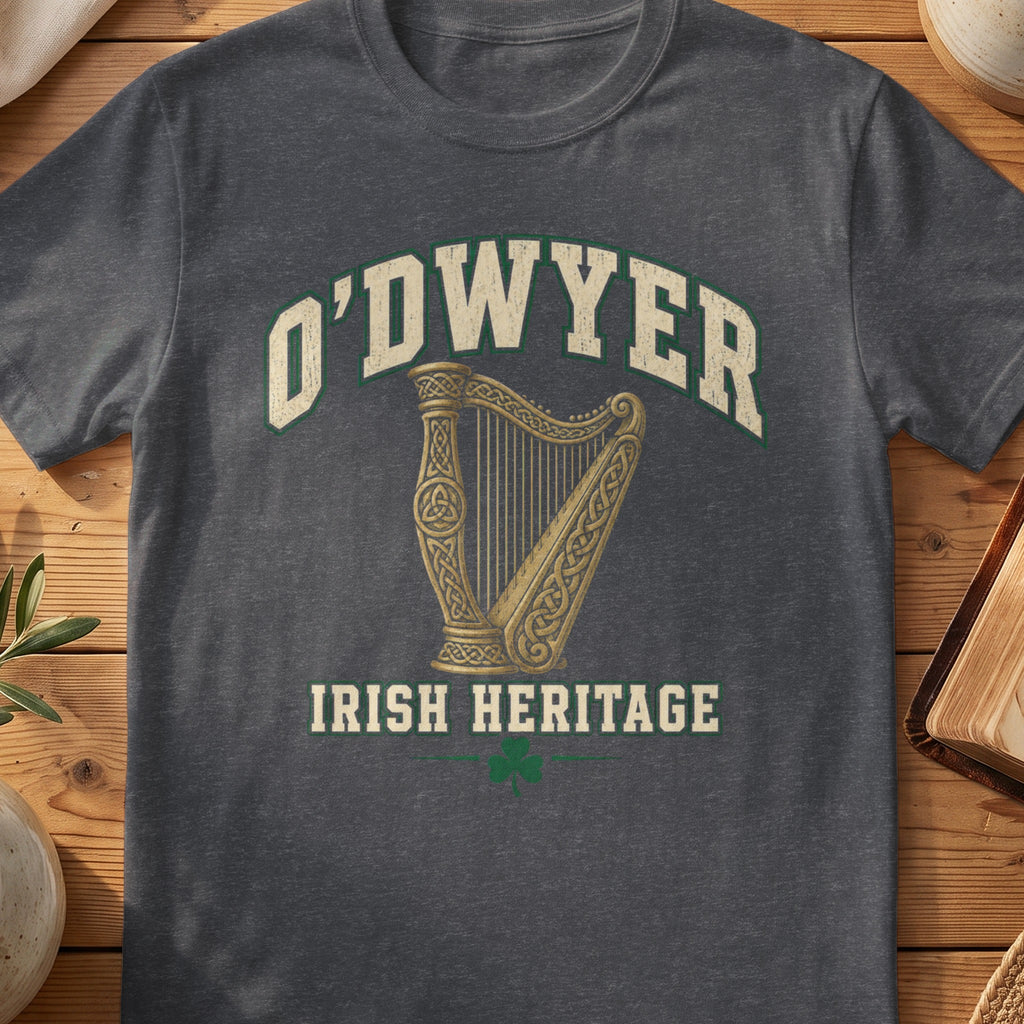 O'Dwyer Irish Heritage dark heather gray Gildan 64000 T-shirt with Celtic harp design