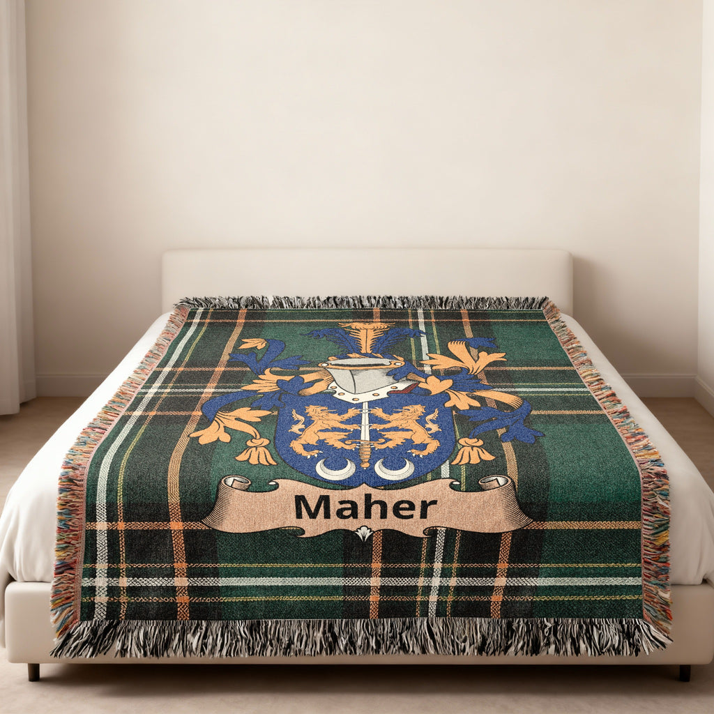 Maher family crest emblem blanket displayed as home decor