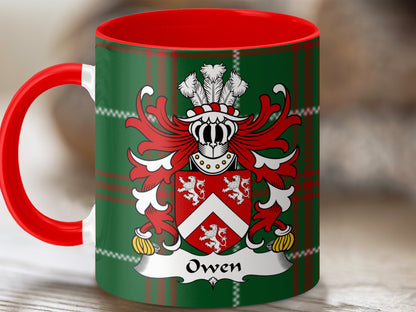 Owen Welsh Crest on National Tartan Background Mug - Living Stone Gifts