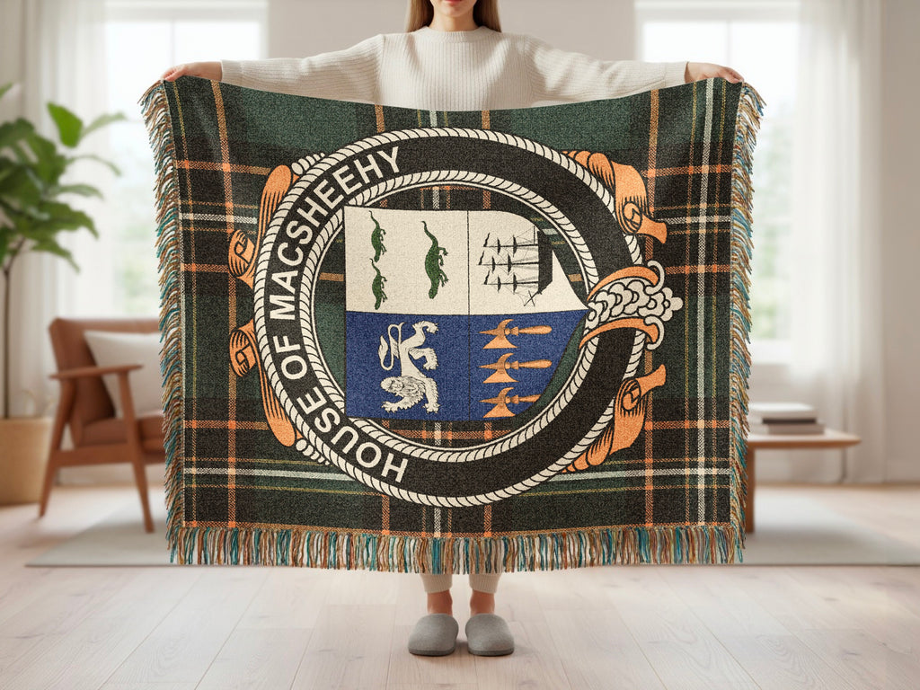 MacSheehy surname blanket showing Irish National Tartan woven design