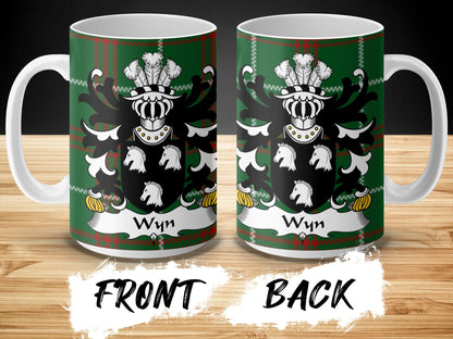 Wyn Family Crest on Welsh National Tartan Background Mug - Living Stone Gifts