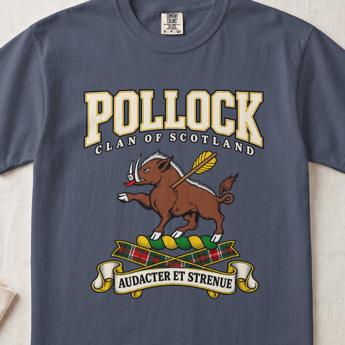 Pollock Scottish clan graphic T-shirt in Midnight, front view