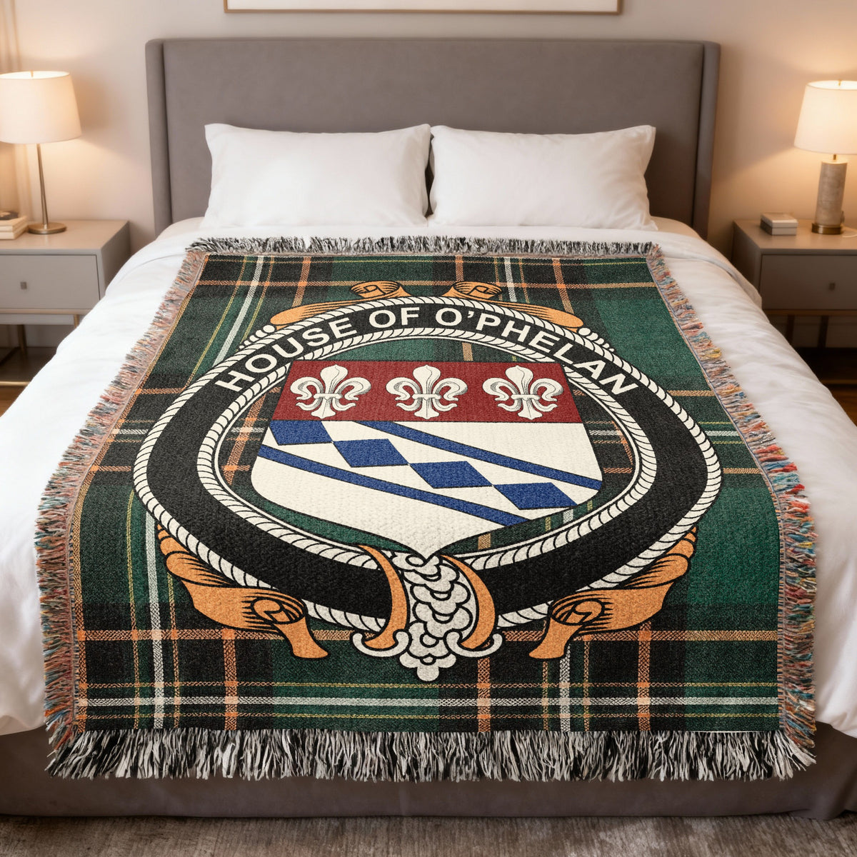 O'Phelan Irish National Tartan woven blanket with family crest emblem