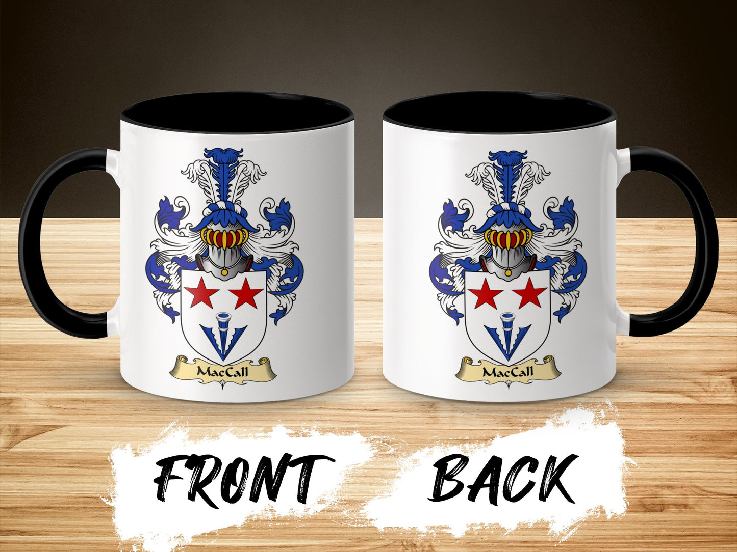 MacCall Family Crest with Two Red Stars Emblem Mug - Living Stone Gifts