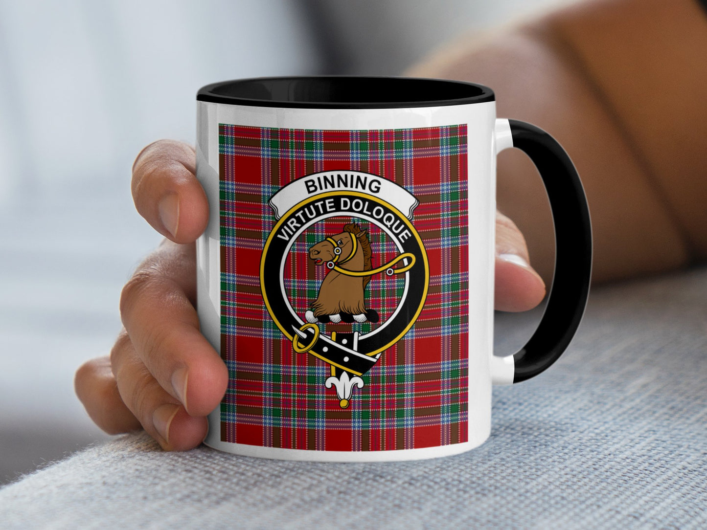 Binning Virtute Doloque Crest Tartan Pattern Mug - Living Stone Gifts