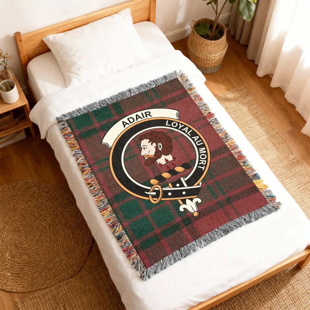Adair Loyal au Mort Scottish clan crest woven blanket — colourful plaid, 80" x 60"
