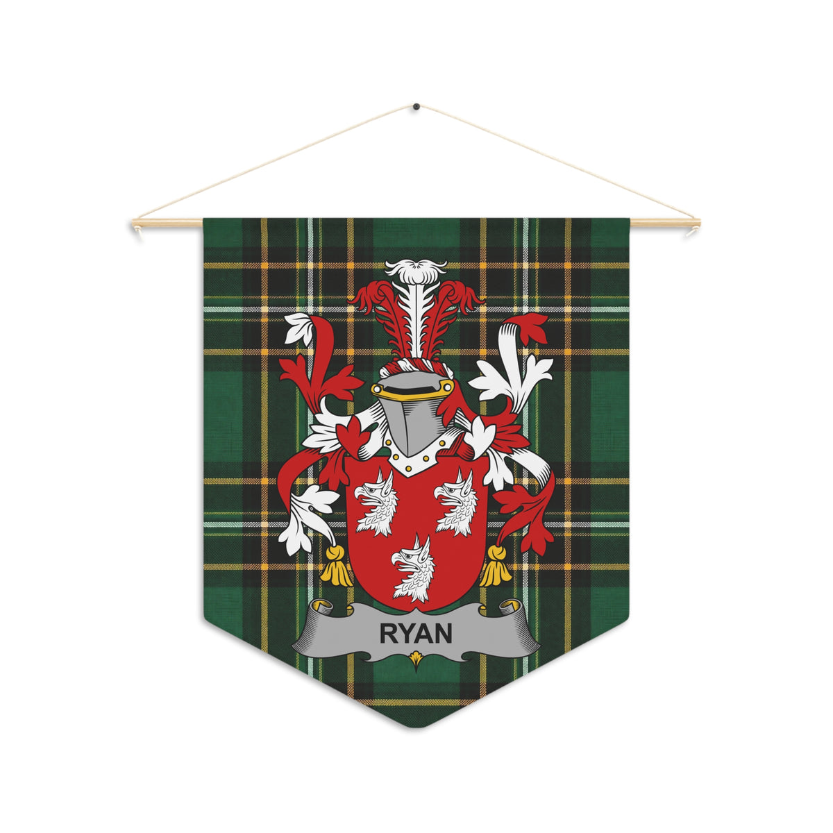 Ryan crest on green plaid banner hanging from wooden dowel and rope.