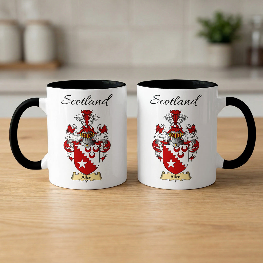 Pair of black-accent Allen mugs showing the double-sided Scottish family shield design on white ceramic.