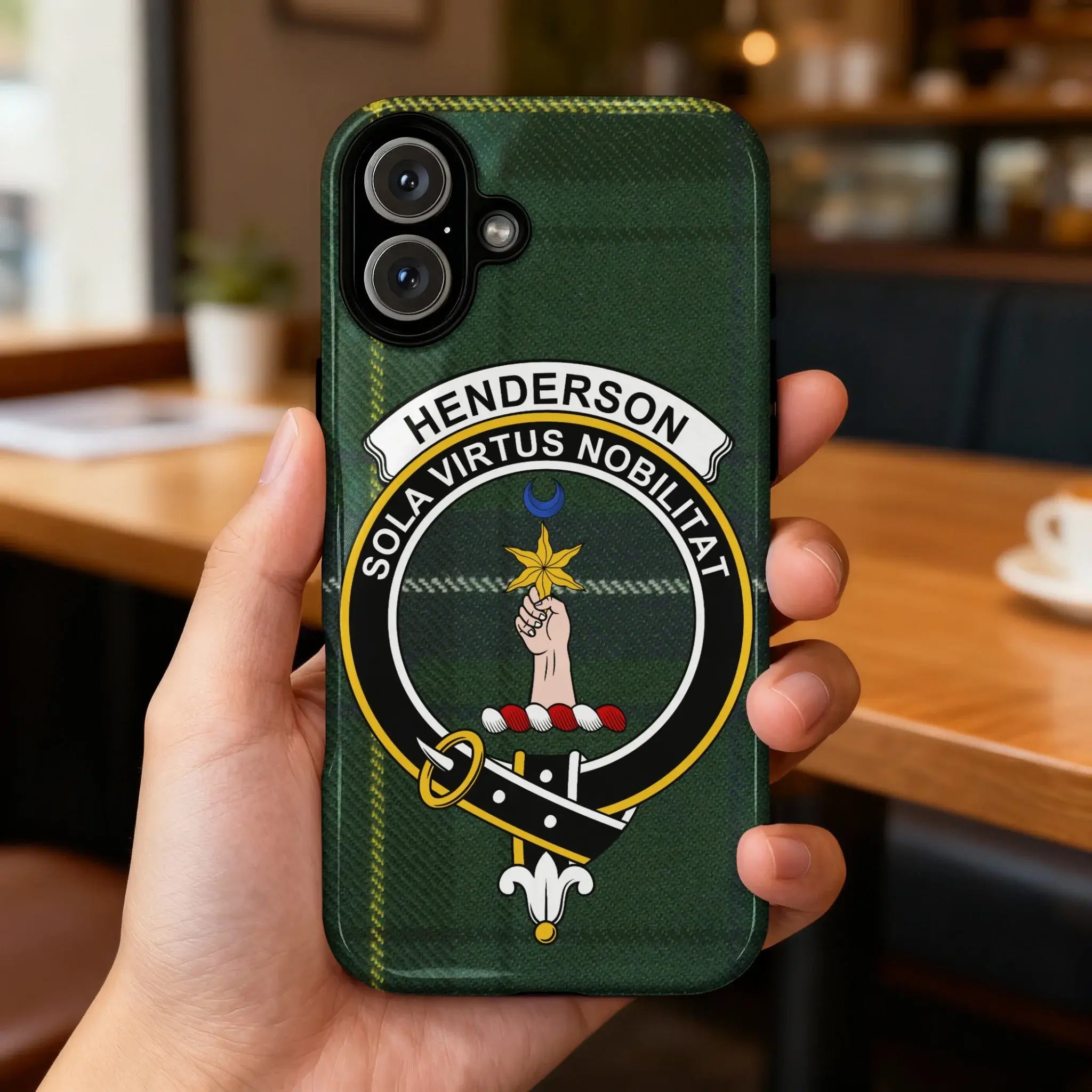 Henderson Sola Virtus Nobilitat clan crest phone case flat lay — full tartan design visible