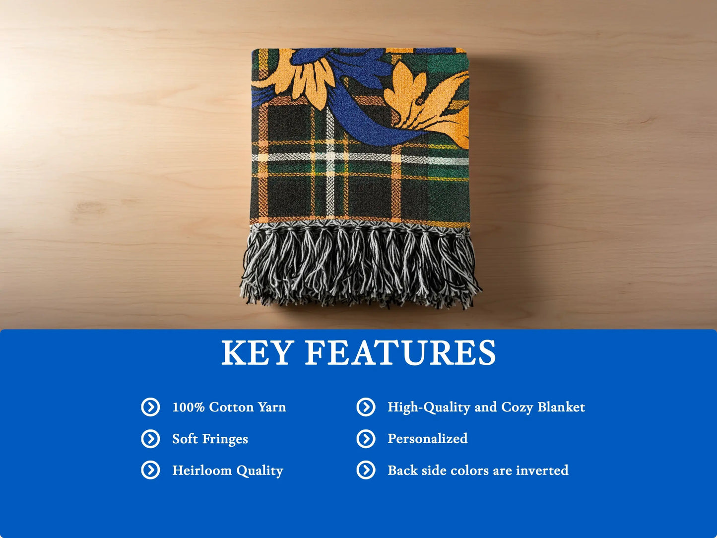 Plaid throw blanket with fringe, featuring "KEY FEATURES" text.