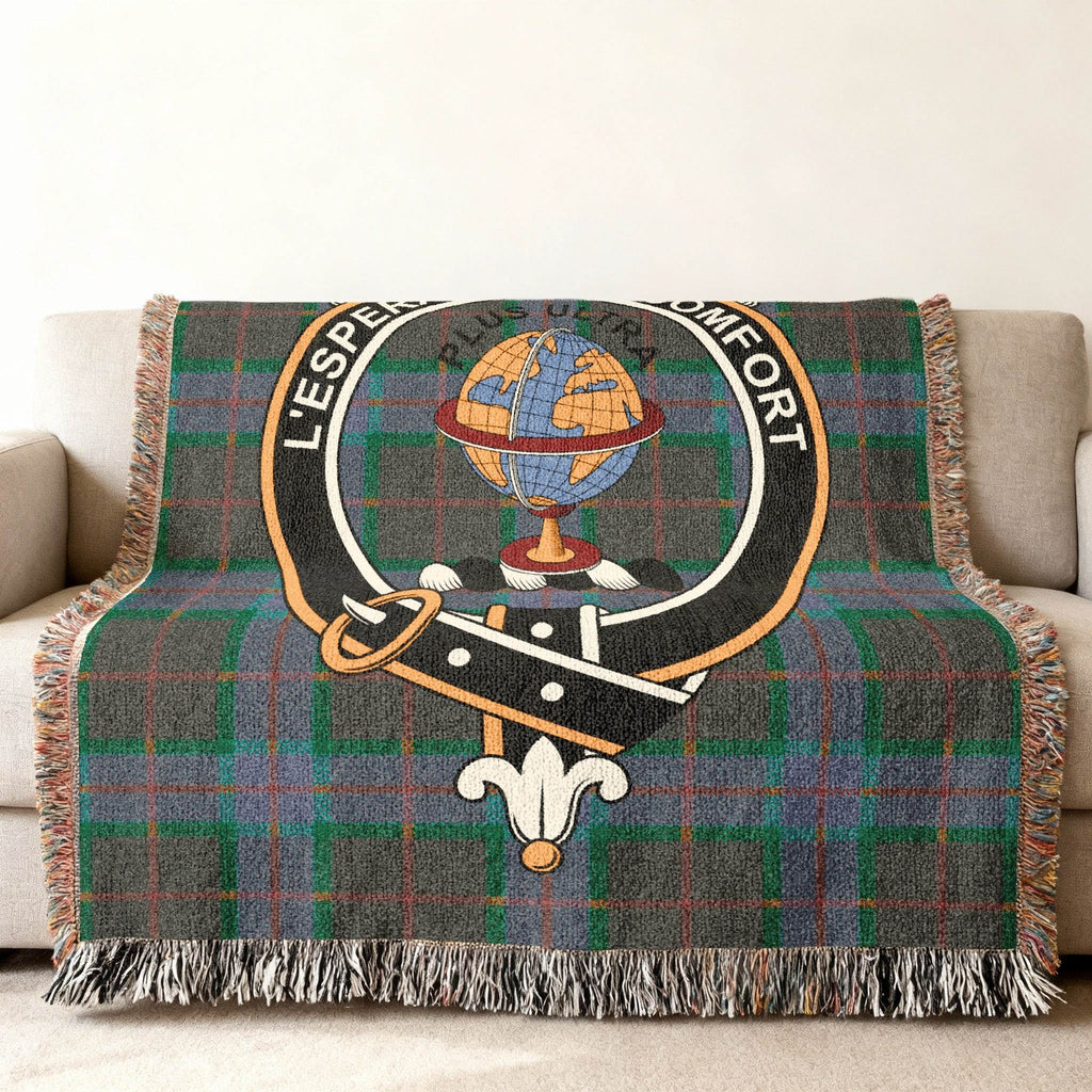 Nairn tartan woven throw — L'Espérance Me Conforte crest, 52" x 37" size