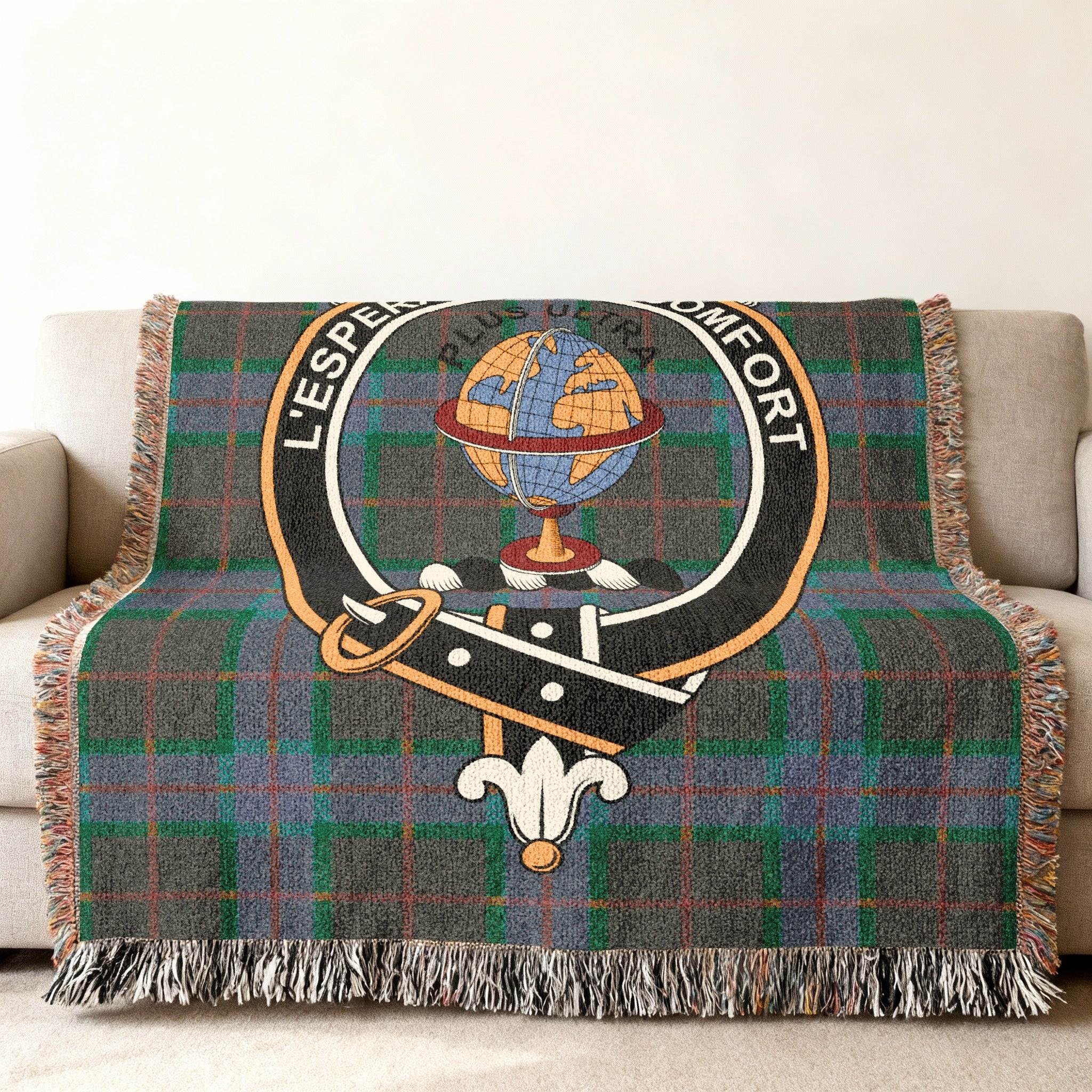 Nairn tartan woven throw — L'Espérance Me Conforte crest, 52" x 37" size