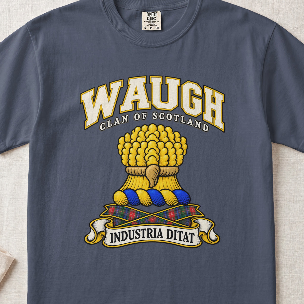 Waugh Scottish clan T-shirt in Midnight, front view with a gold sheaf of wheat and motto banner.