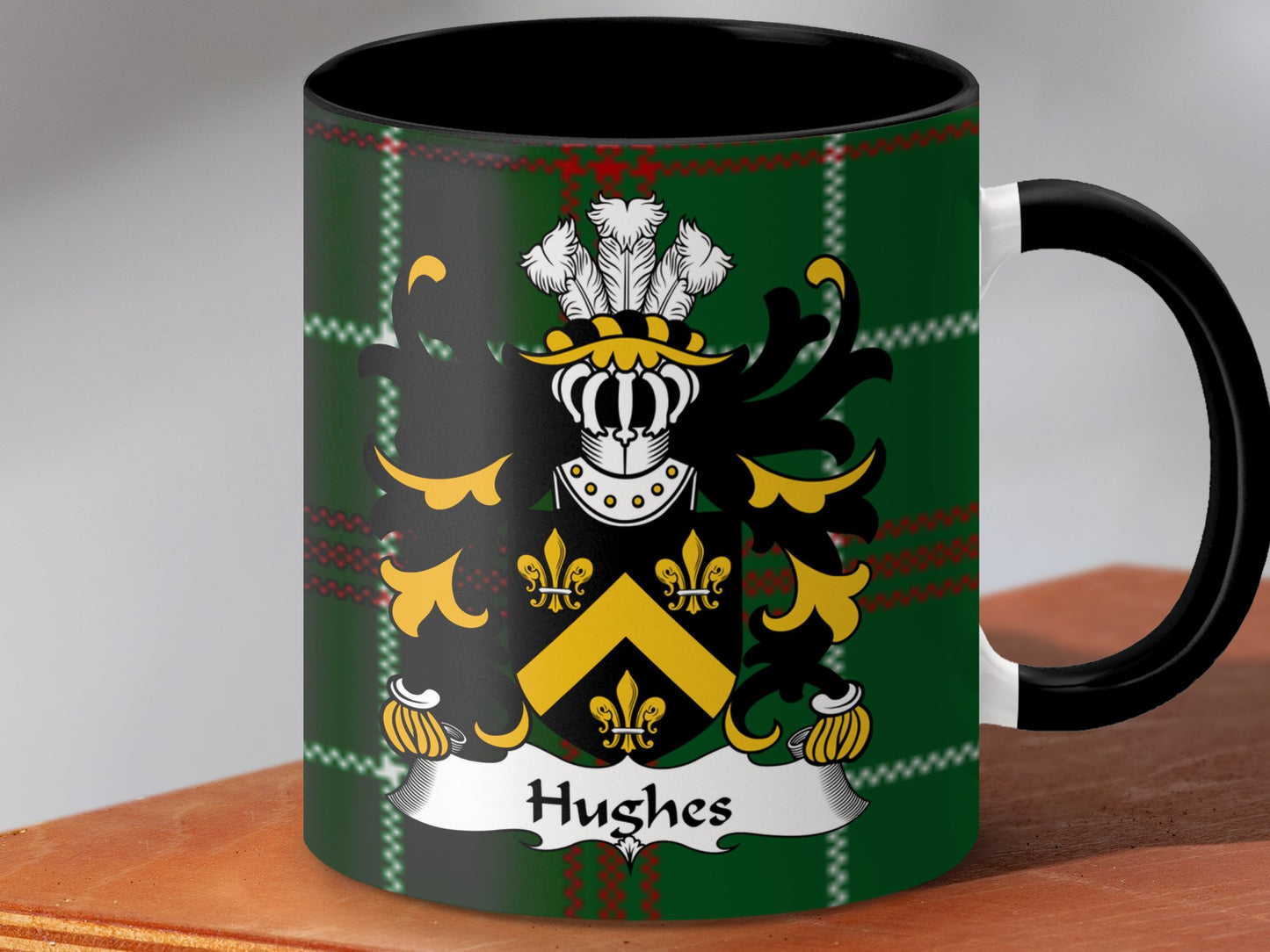 Hughes Surname Coat of Arms on Tartan Background Mug - Living Stone Gifts