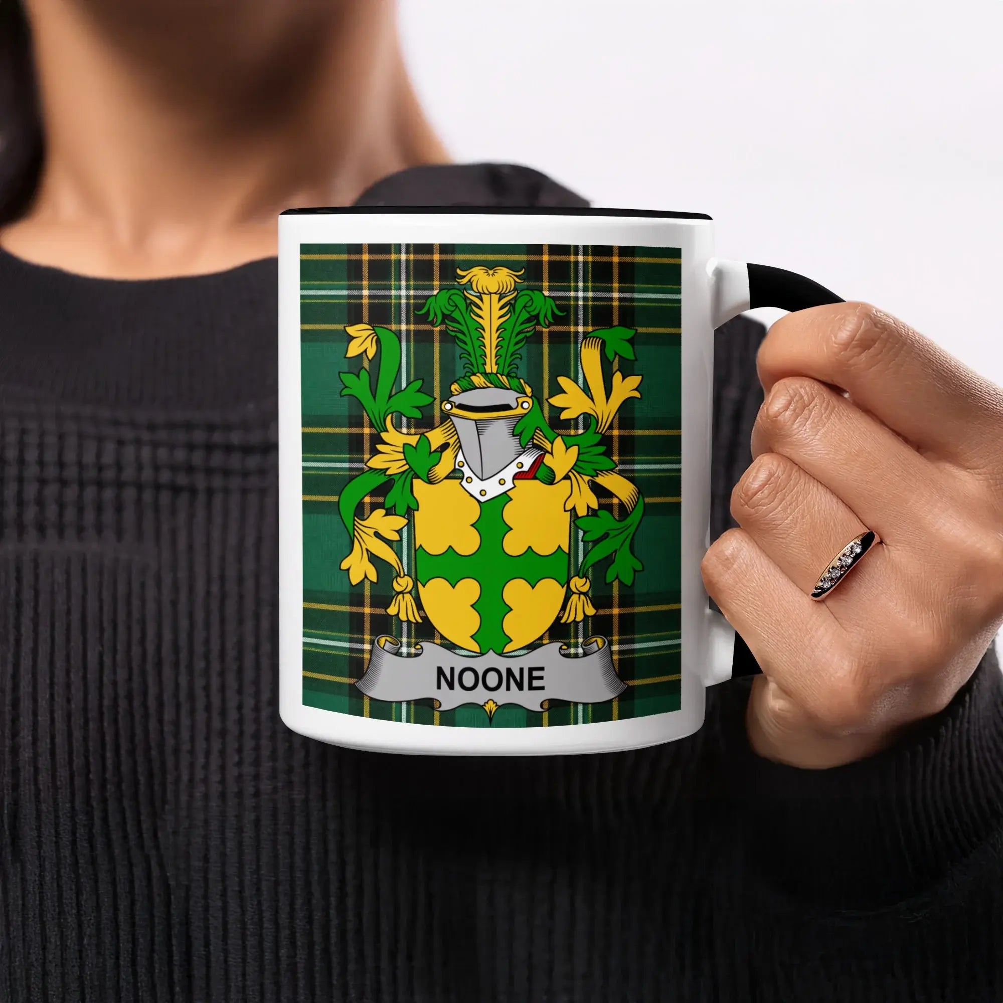 Noone Irish heritage mug with black handle and interior