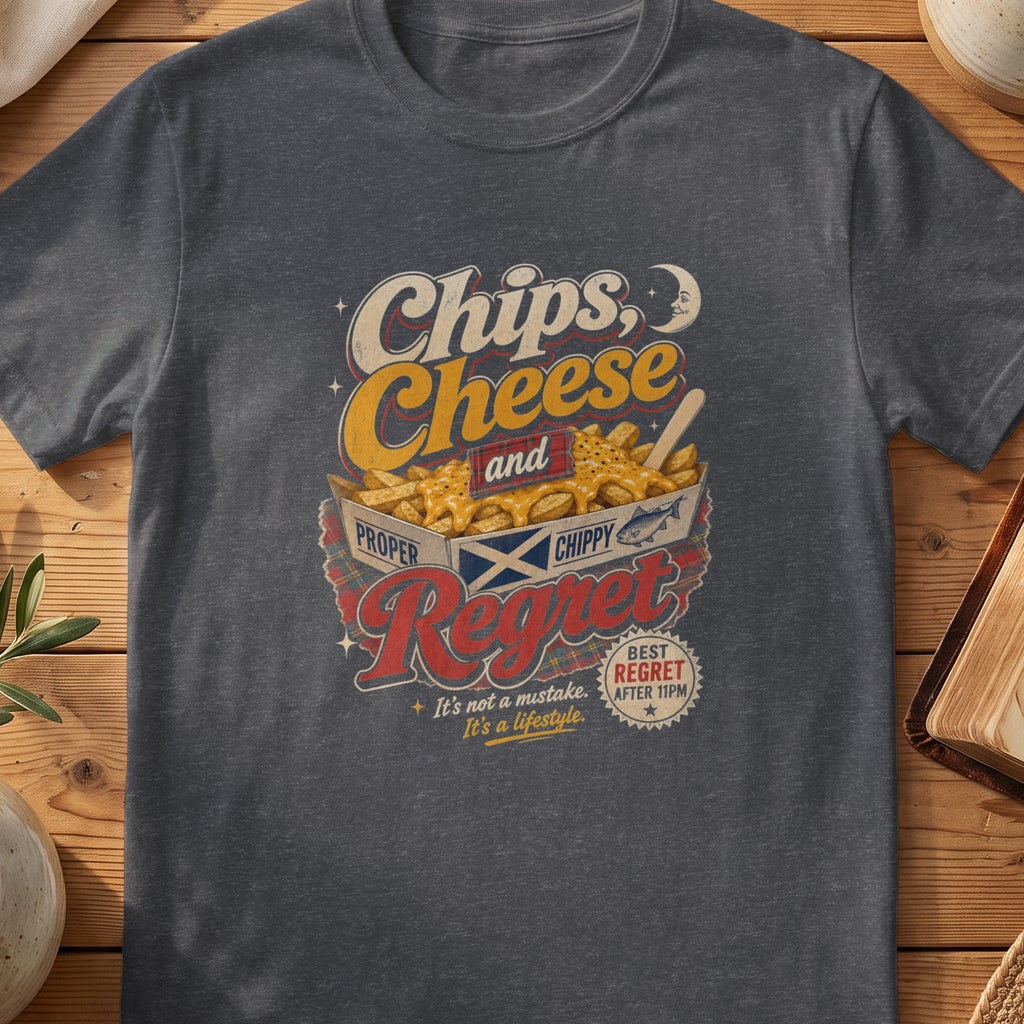 Dark grey Gildan 64000 unisex T-shirt flatlay with Chips Cheese and Regret Scottish graphic design