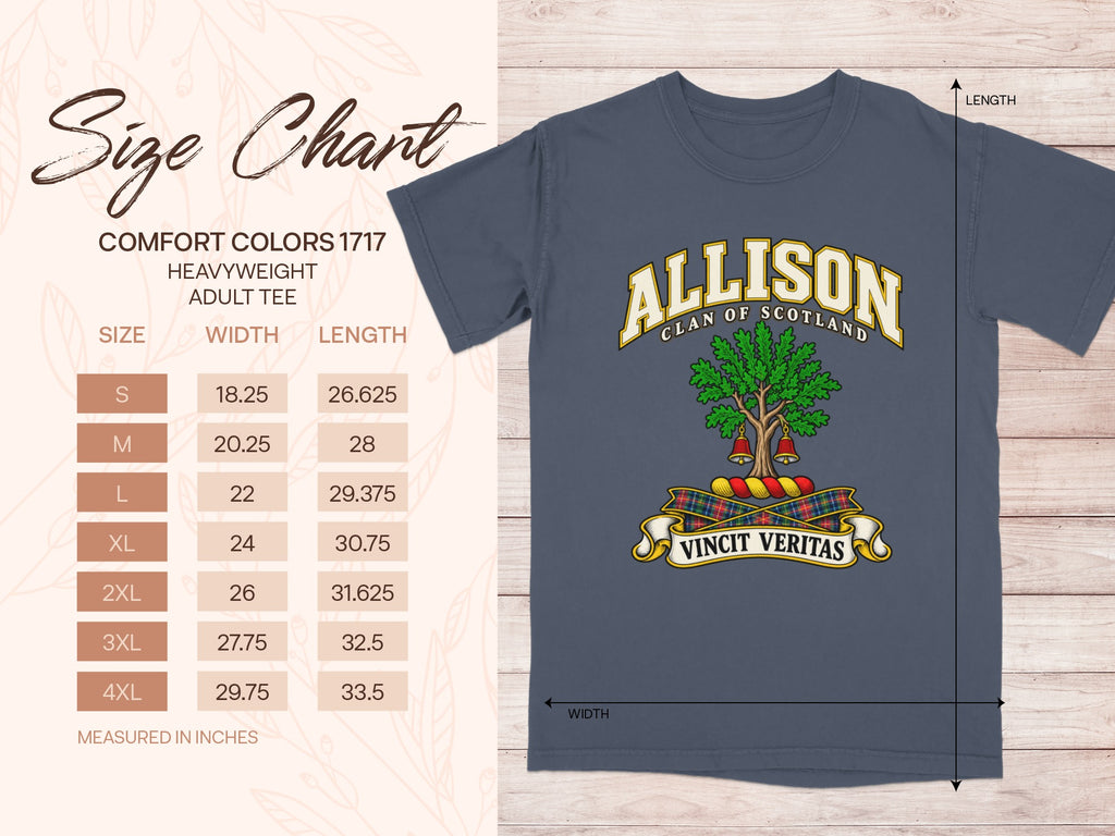 Comfort Colors 1717 size chart for the Allison Scottish clan T-shirt, adult sizes S–4XL.