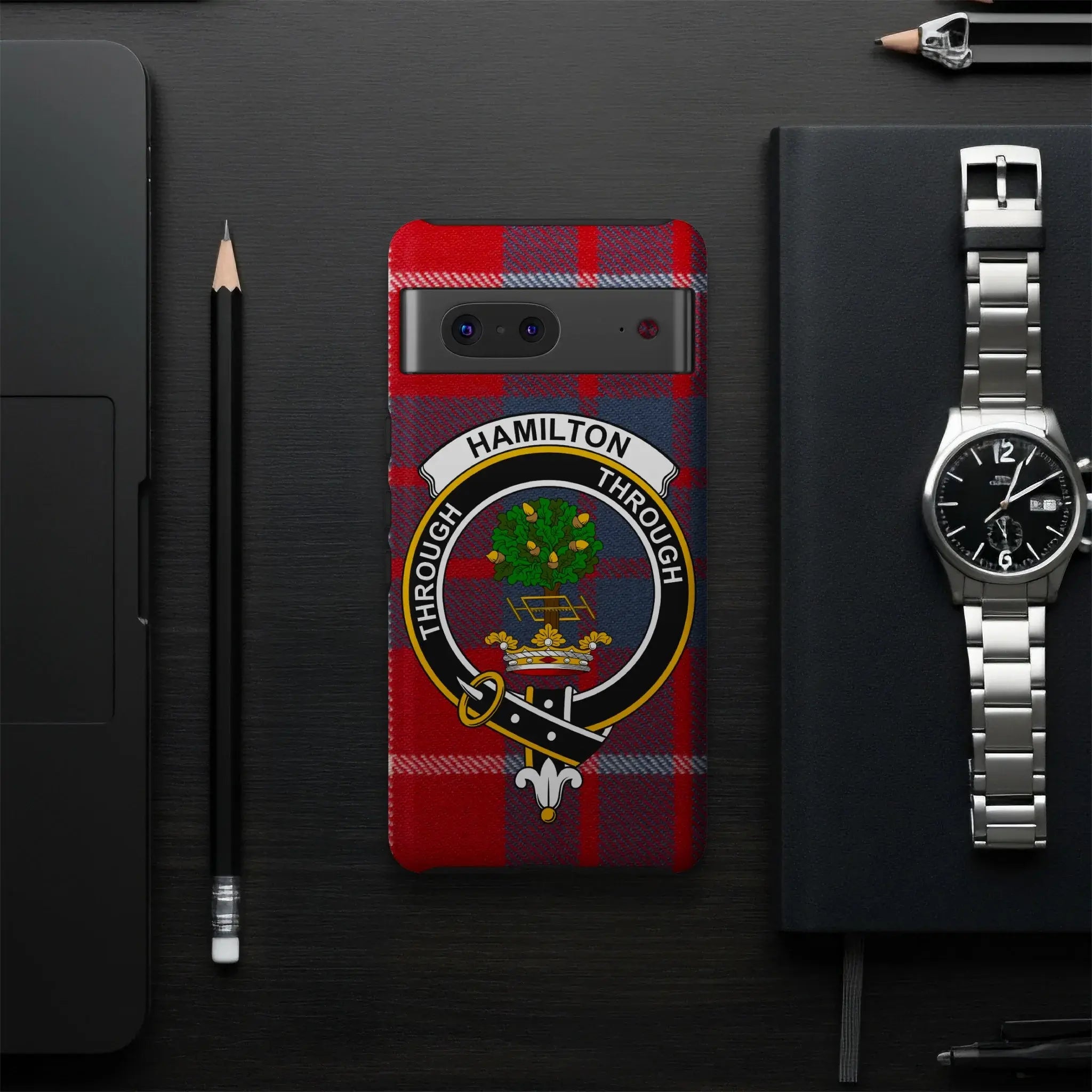 Hamilton Through and Through plaid phone case — full clan crest on glossy impact-resistant shell