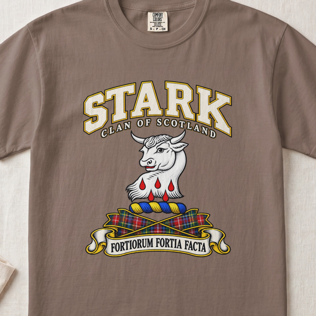Stark Scottish clan T-shirt in Espresso, front view with a white bull head with red drops below and motto banner.