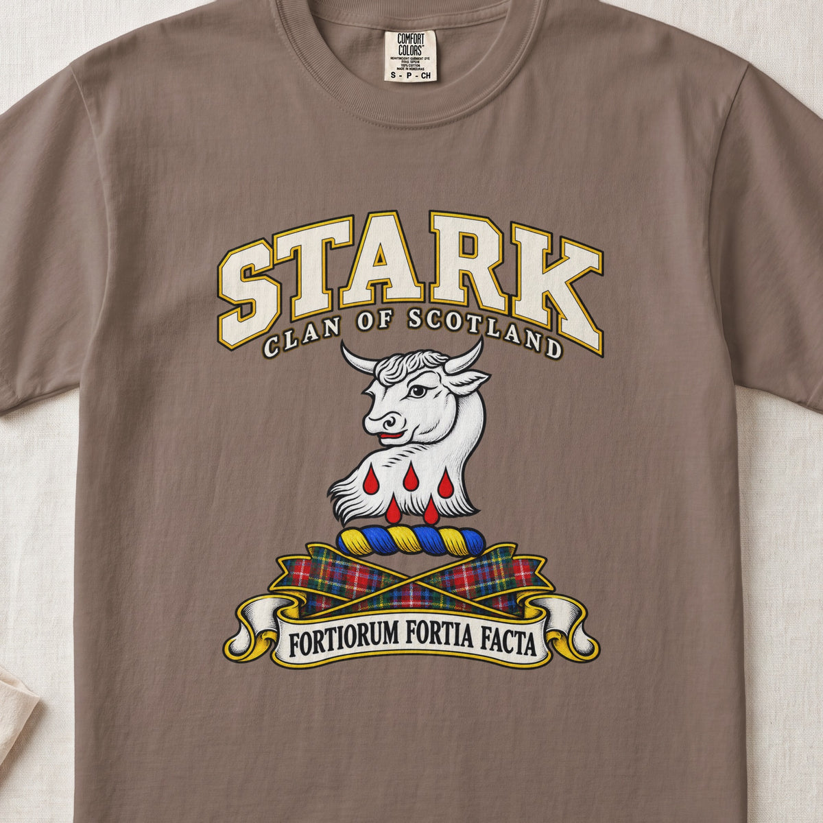 Stark Scottish clan T-shirt in Espresso, front view with a white bull head with red drops below and motto banner.