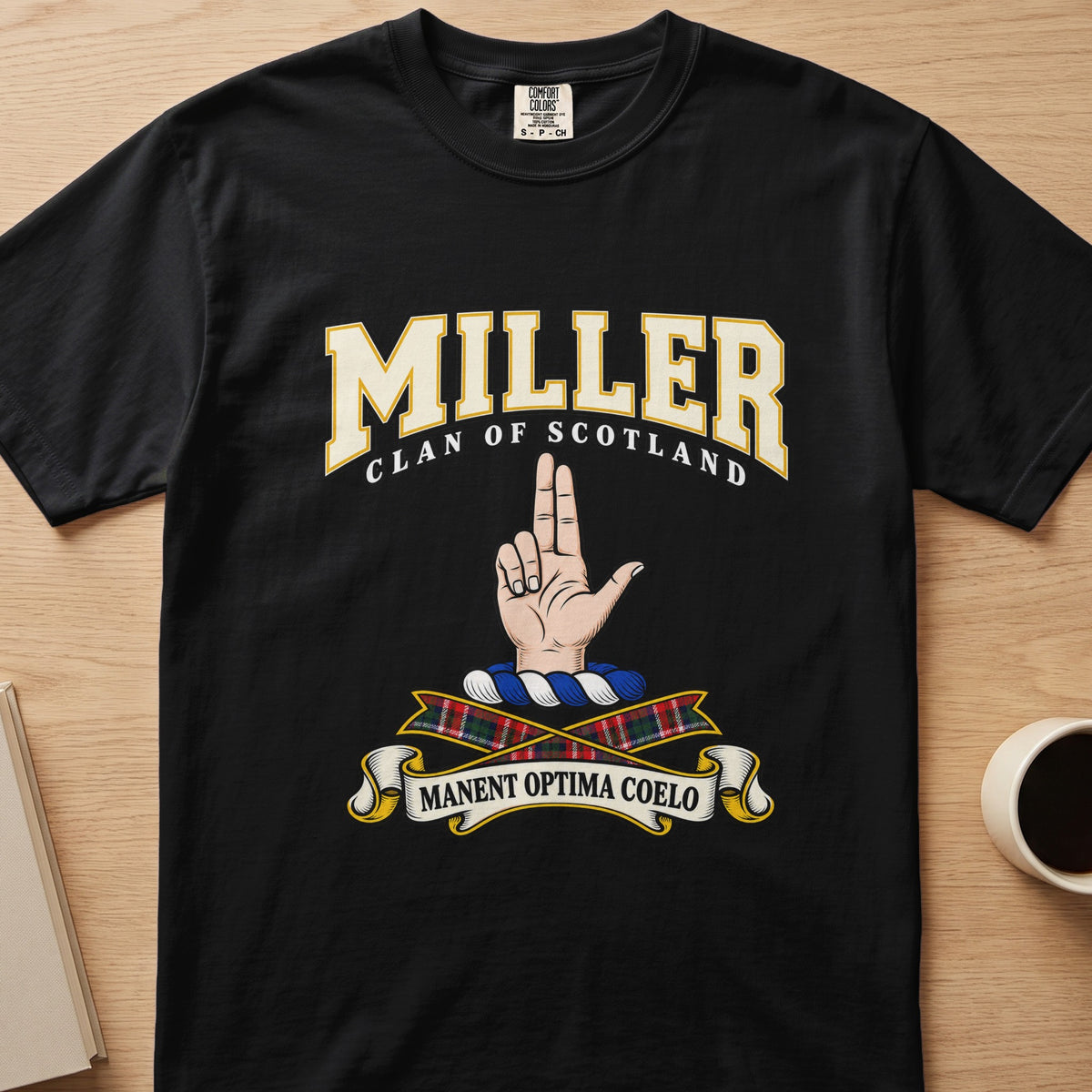 Miller clan T-shirt in black, front view with raised hand with two fingers extended