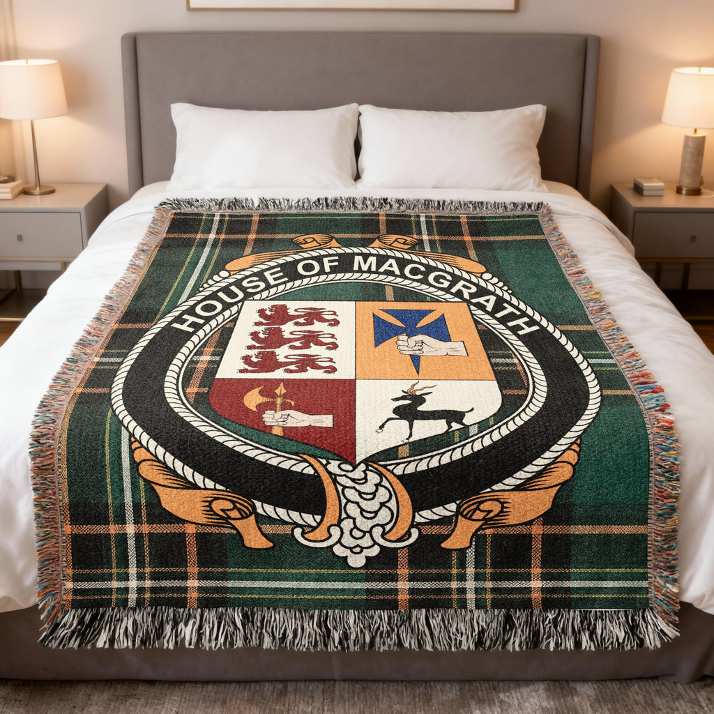 MacGrath Irish National Tartan woven blanket with family crest emblem