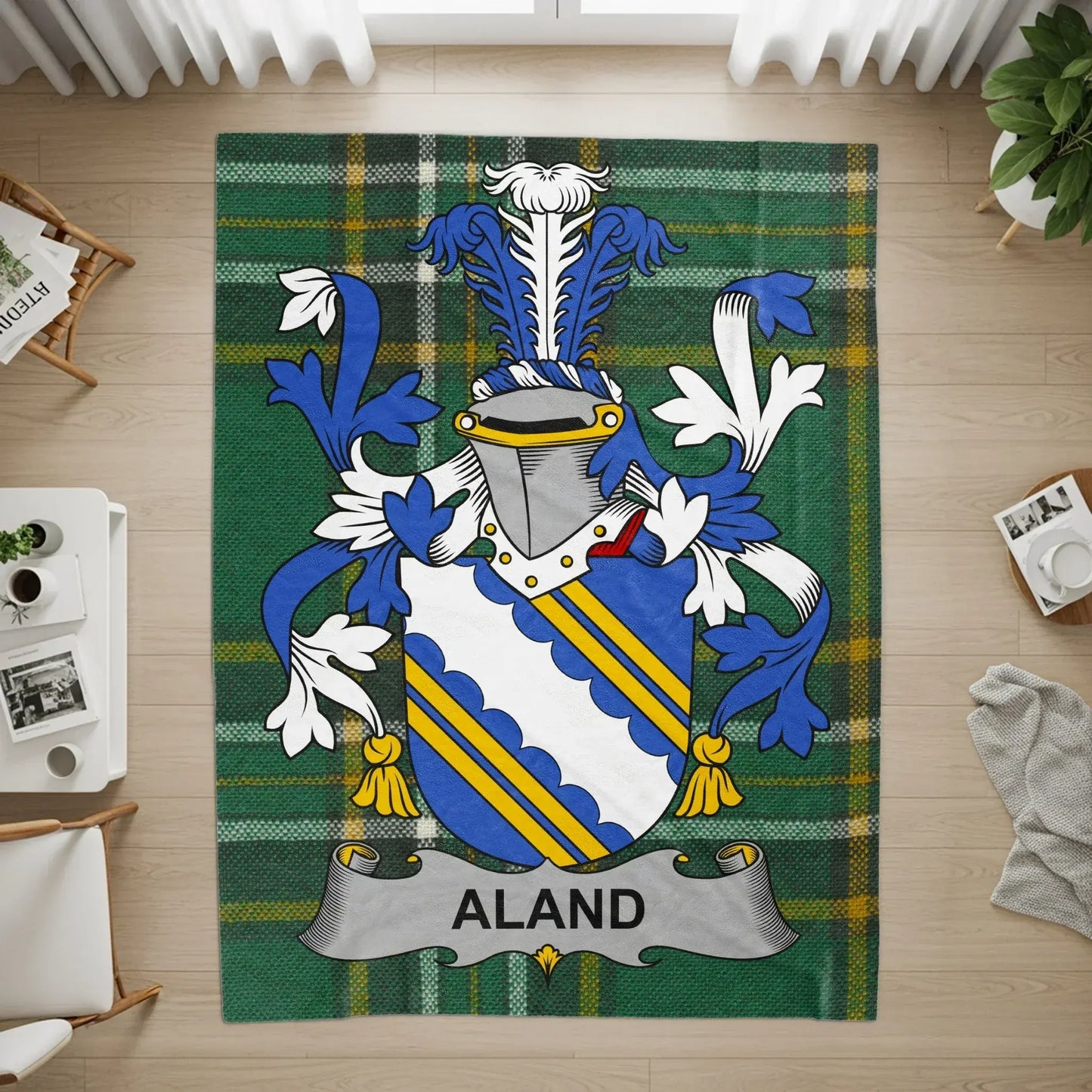 Aland Family Crest with Tartan Background Rug product