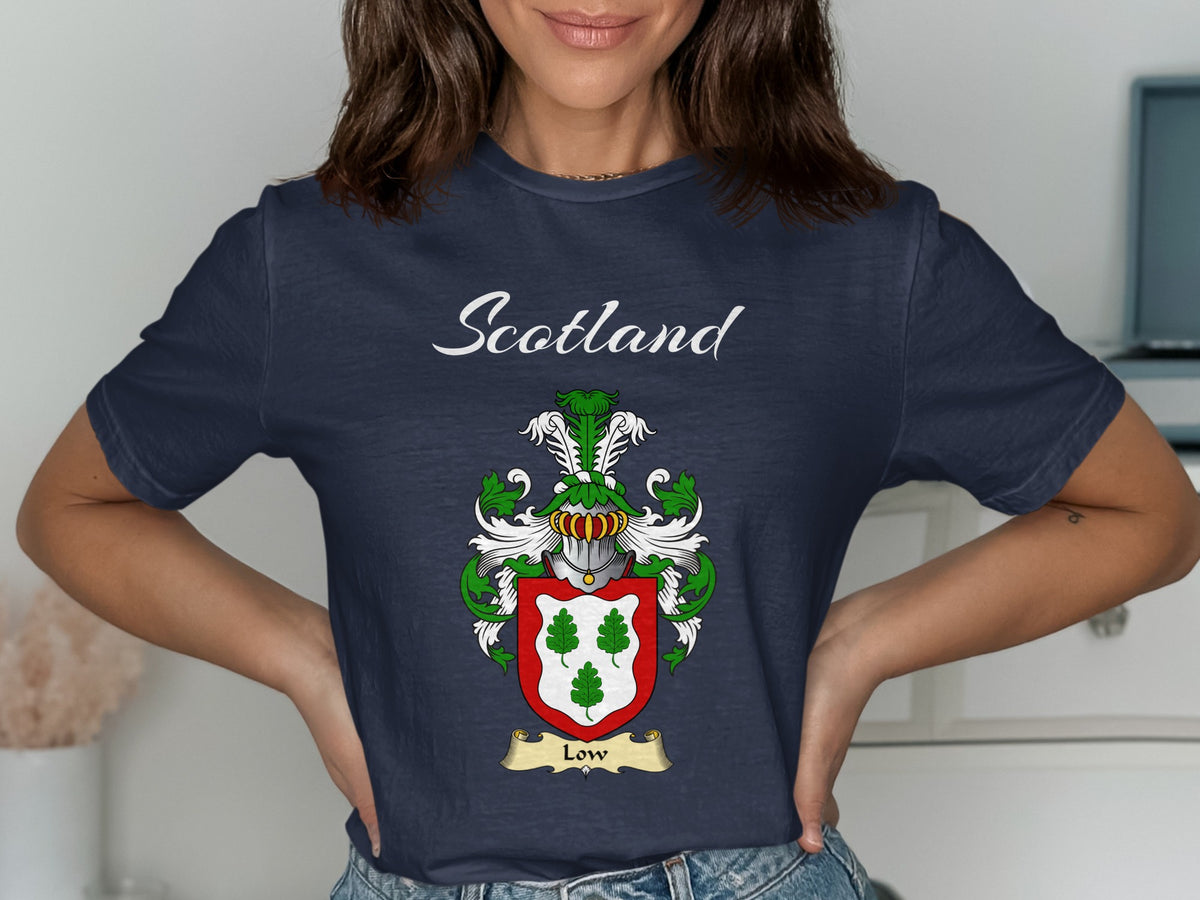 Low Scottish family shield design on Navy T-shirt