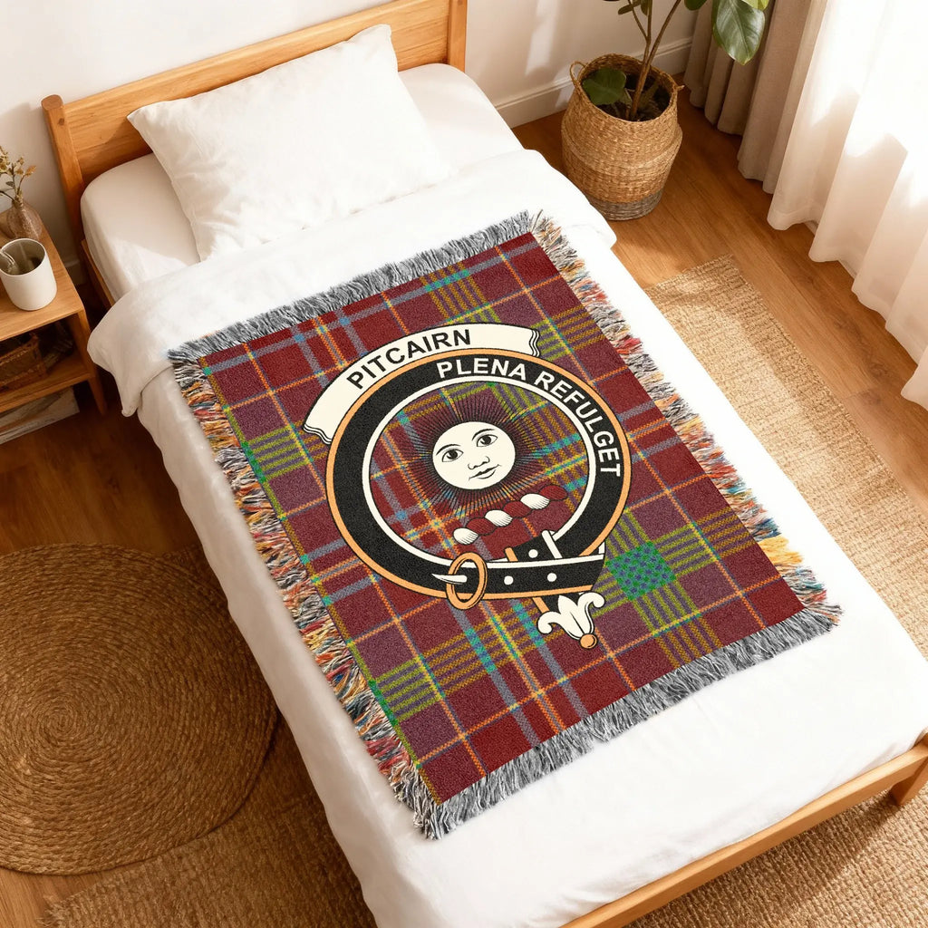 Pitcairn Plena Refulget woven blanket — full-length view with fringe border