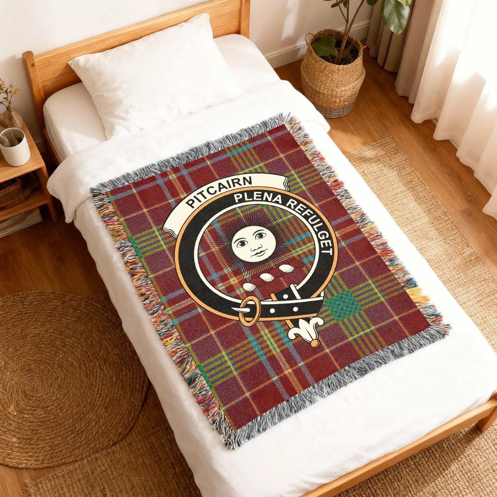 Pitcairn Plena Refulget woven blanket — full-length view with fringe border