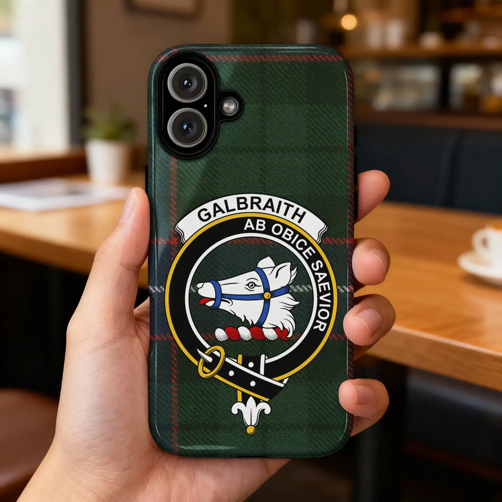 Galbraith tartan phone case on iPhone — edge-to-edge crest and tartan wrap print, side view