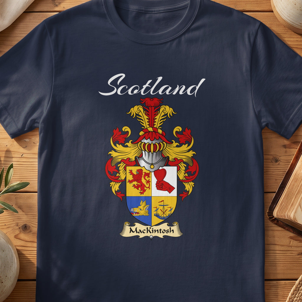 Navy MacKintosh family shield T-shirt featuring a quartered red, gold and blue shield